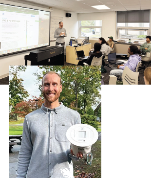 Public health professor presenting Far-UVC study findings to a Roger Williams University classroom, with Dr. Bueno de Mesquita holding a Visium Far-UVC light fixture